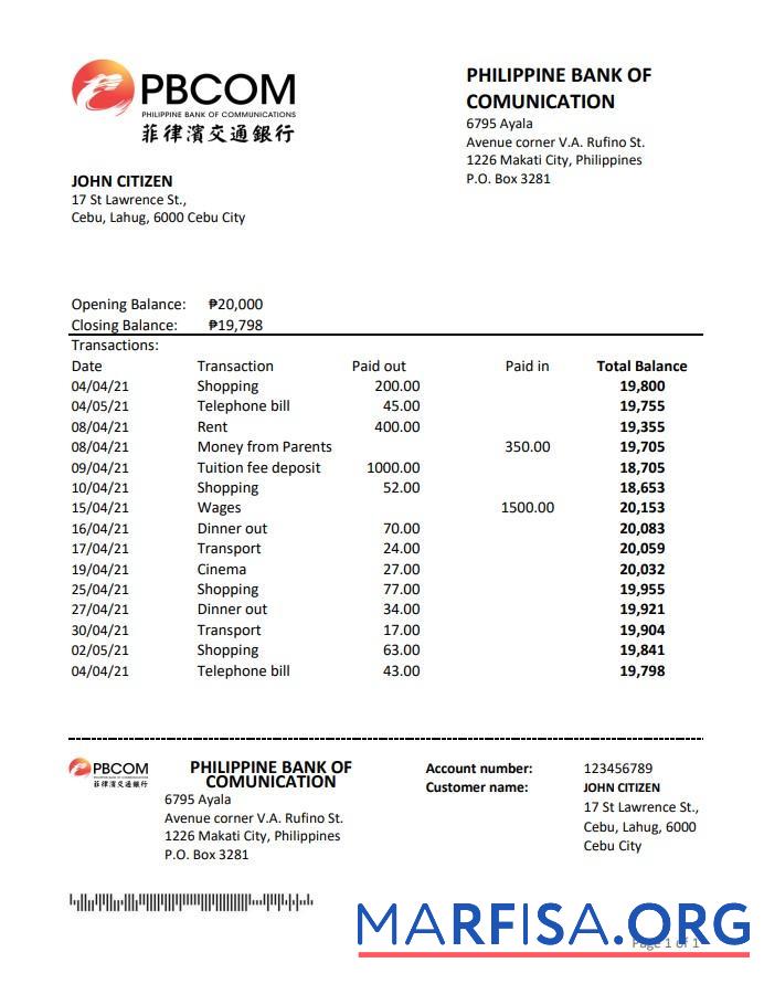 Realistic Philippines Bank of Communications bank statement excel download for verification
